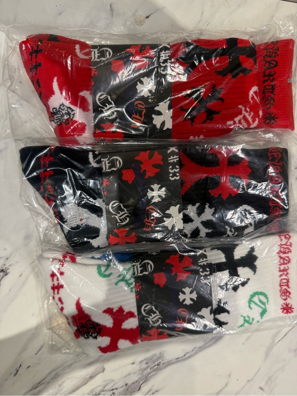 Chrome Hearts Crew Socks in Red, Black & White
